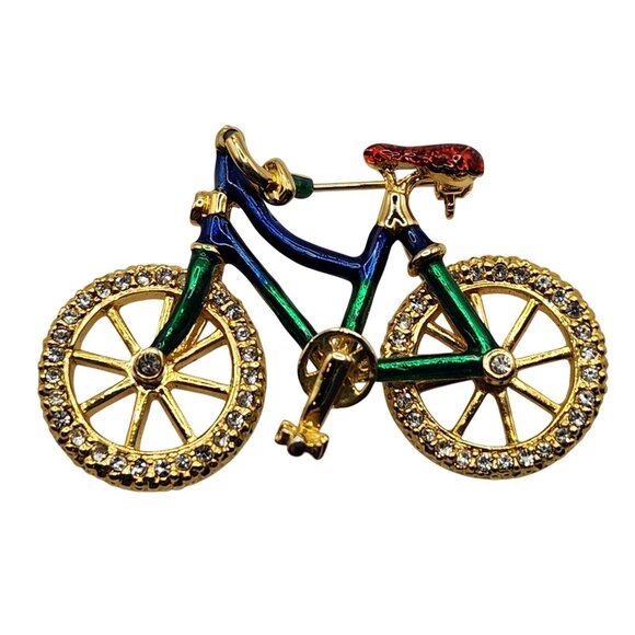 Vintage Enamel Rhinestone Bicycle Brooch Pin, Colorful Articulated Wheels - Picture 2 of 7
